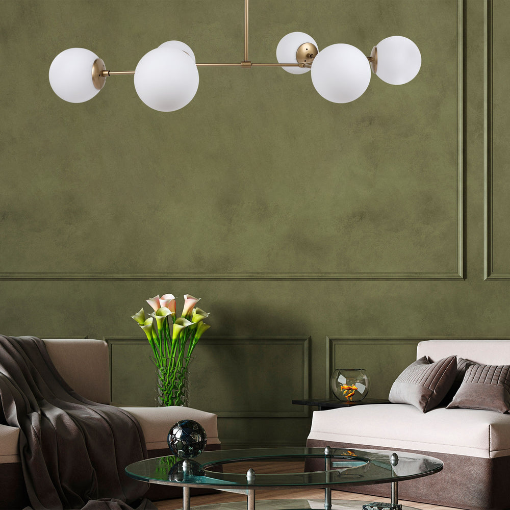 6-Globe Brass Chandelier - Frosted Glass Spheres - Karrari