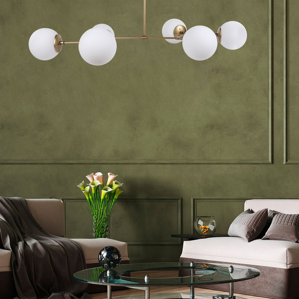6-Globe Brass Chandelier - Frosted Glass Spheres - Karrari