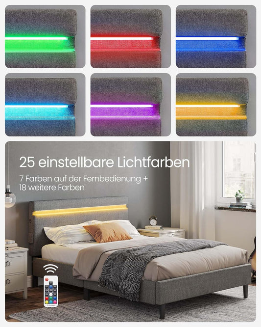 Upholstered Bed 140 x 200 cm Double Bed with Headboard, LED Lighting, USB and Type-C Connection