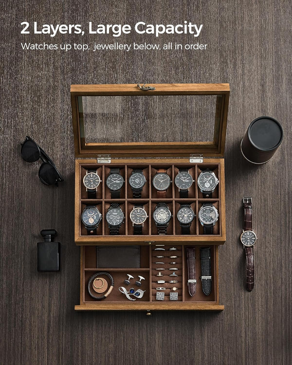 2-Tier Wood Watch Case with Large Glass Lid - Karrari