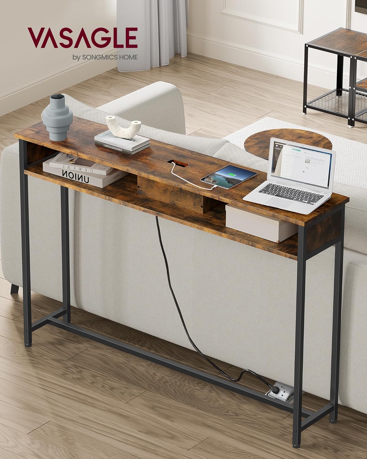 Console Table with Power Strip, Sofa Table with 2 Compartments, Space Saving, 25 x 120 x 81 cm