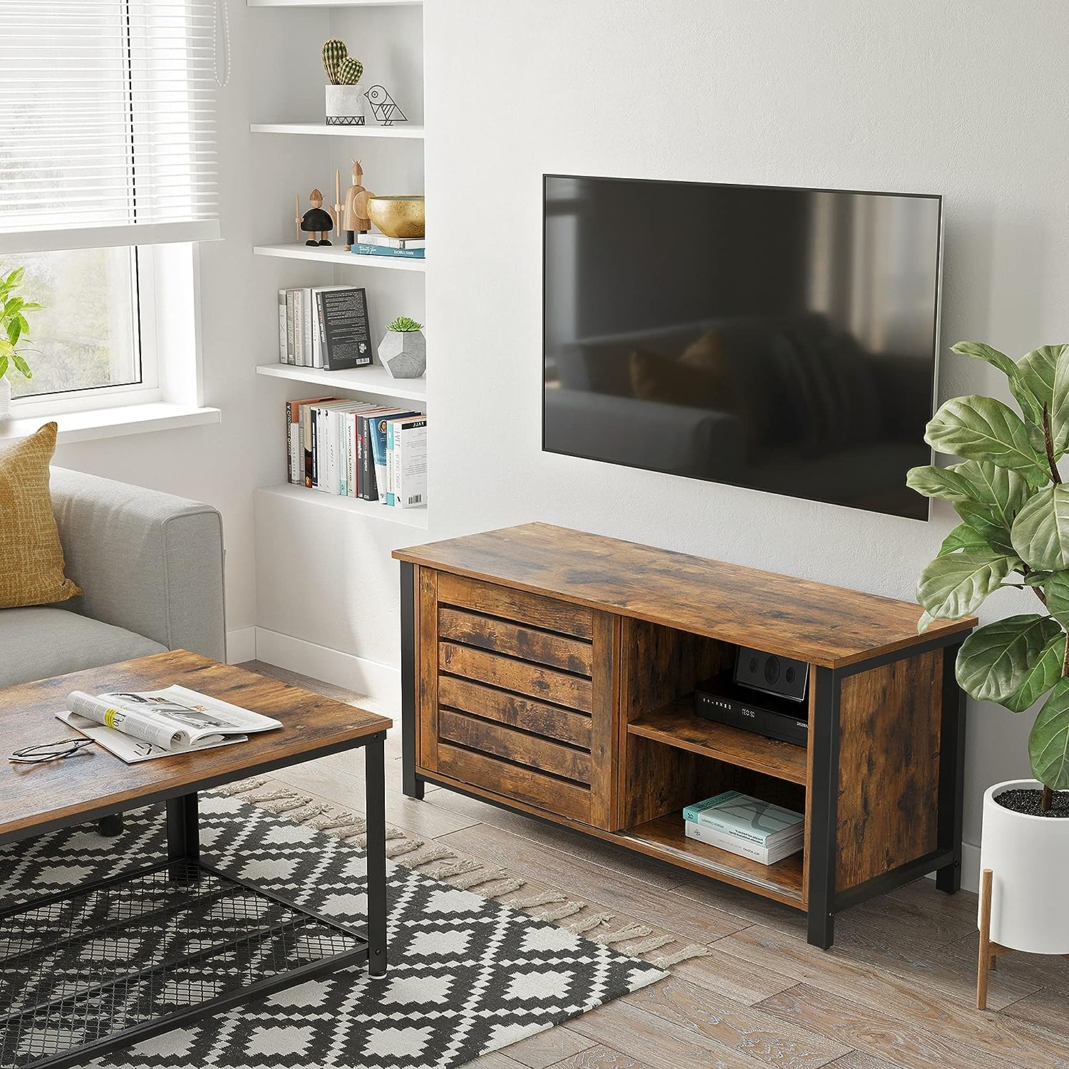 TV Stand for TV up to 48 Inches Industrial Design Lowboard with Sliding Doors, 110 x 40 x 45 cm