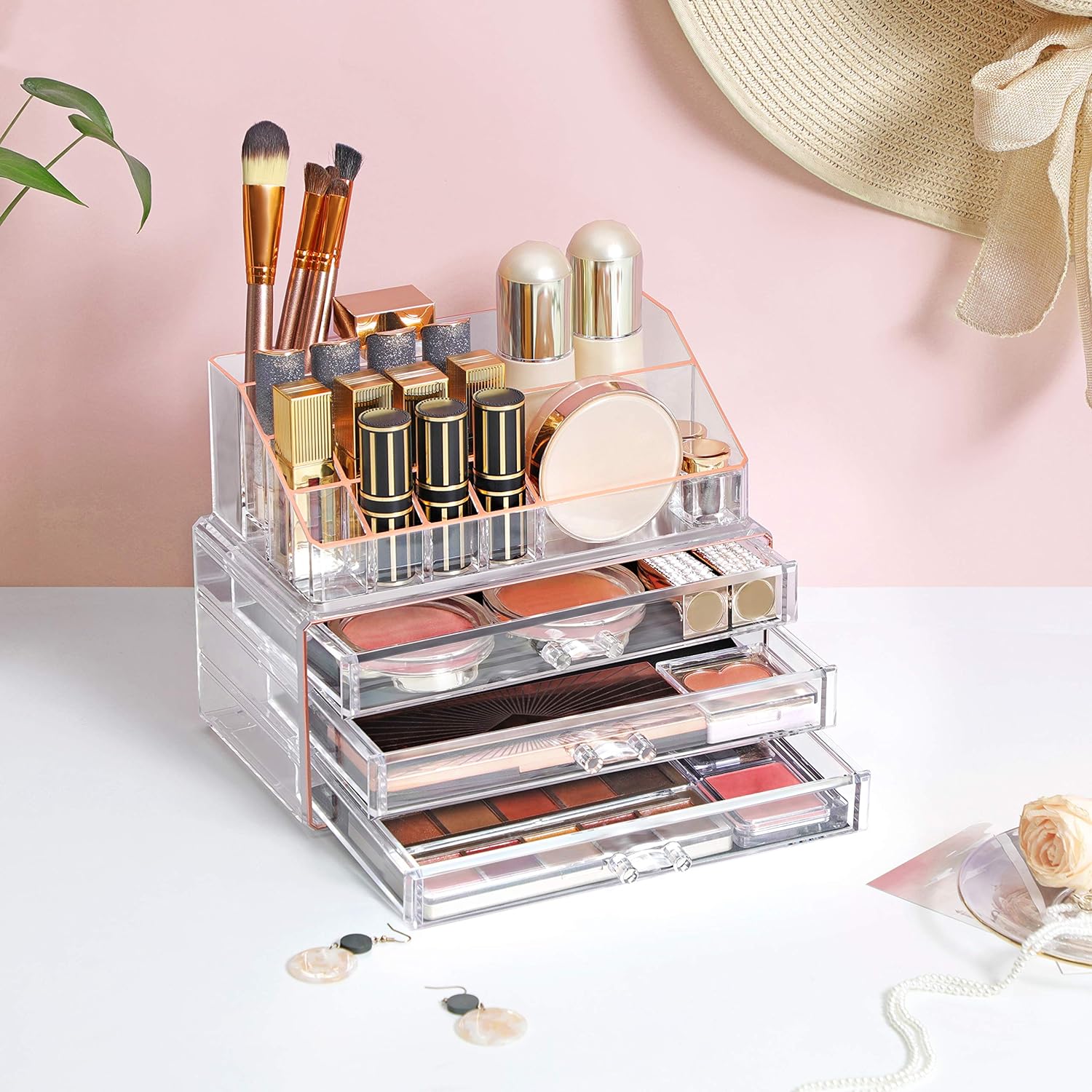 Acrylic Makeup Organiser, 2-Piece Set Makeup Box, Cosmetic Organiser with 3 Drawers and 15 Various Compartments