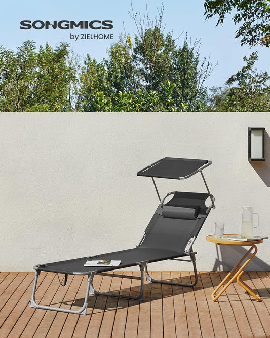 Sun Lounger, Deck Chair Folding, Sunbed, 193 x 53 x 29 cm, Max. Load 150 kg, with Sunshade Headrest Adjustable Backrest