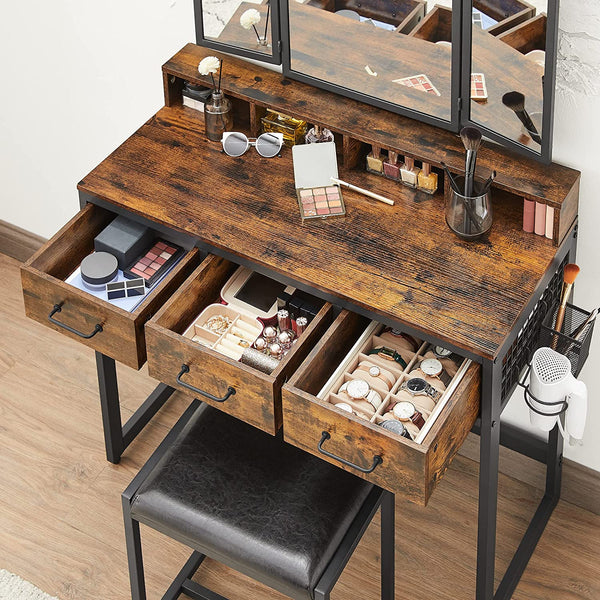 Makeup Table with Folding Mirror, Stool & Drawers - Karrari