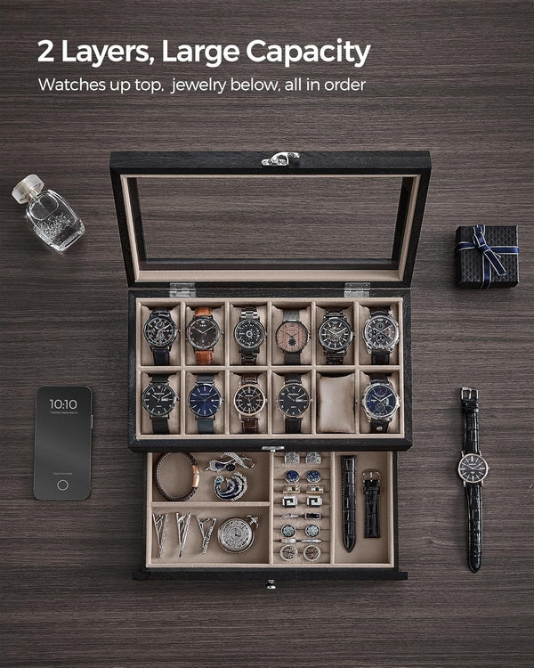 12-Slot 2-Tier Wooden Watch Box - Glass Lid - Karrari