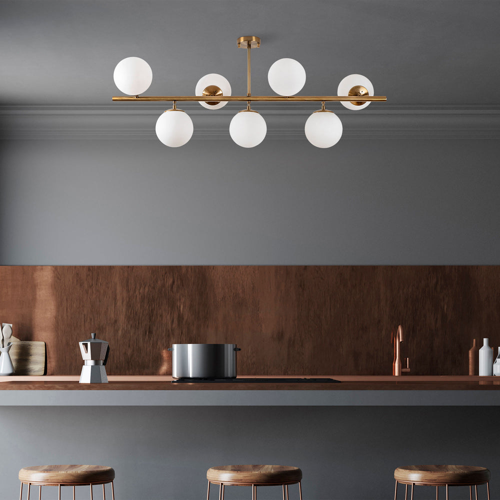 Brass 7-Light Globe Chandelier - White Glass Spheres - Karrari