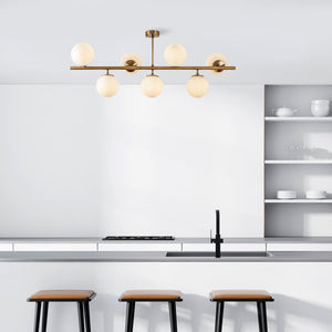 Brass 7-Light Globe Chandelier - White Glass Spheres - Karrari