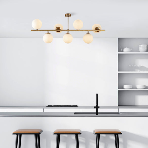 Brass 7-Light Globe Chandelier - White Glass Spheres - Karrari