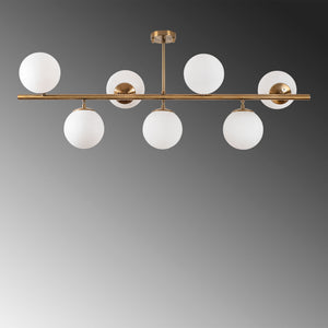 Brass 7-Light Globe Chandelier - White Glass Spheres - Karrari
