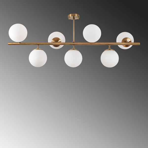 Brass 7-Light Globe Chandelier - White Glass Spheres - Karrari