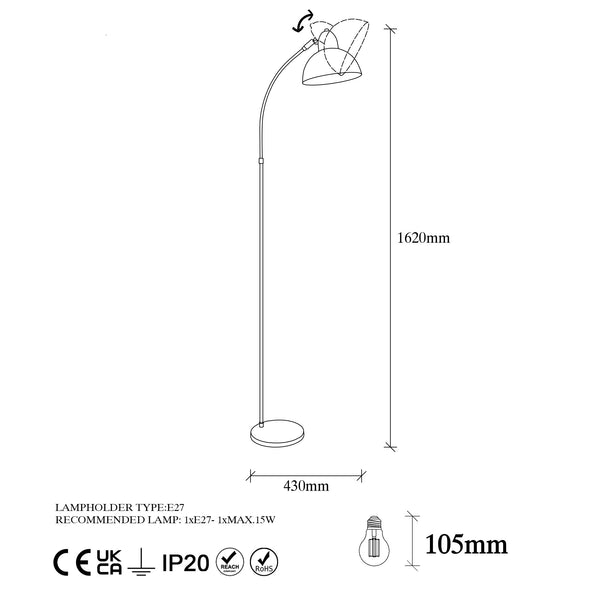 Black Metal Floor Lamp - Adjustable Head (162cm) - Karrari