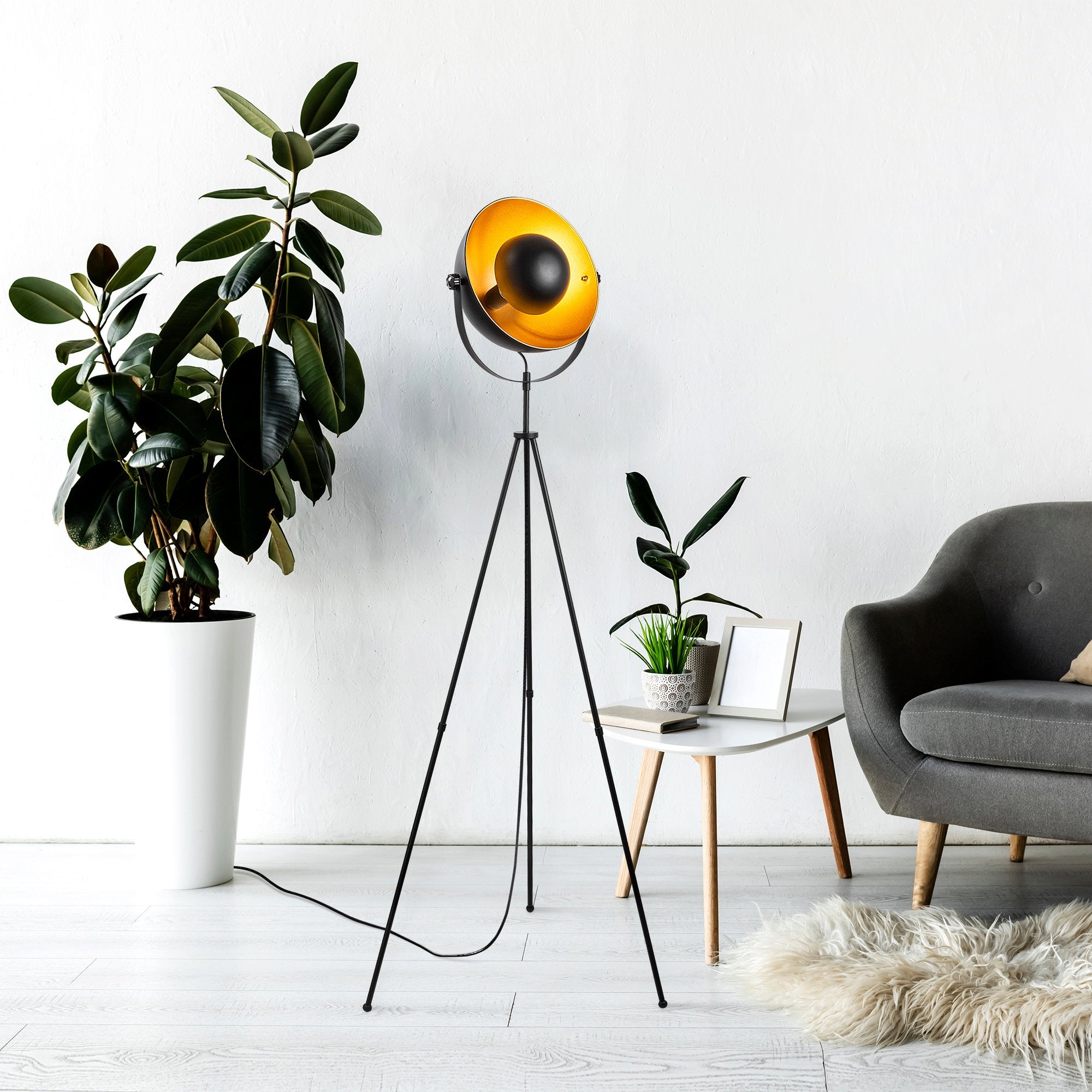 Industrial Tripod Floor Lamp with Metal Shade – Black-Gold Finish (160cm)