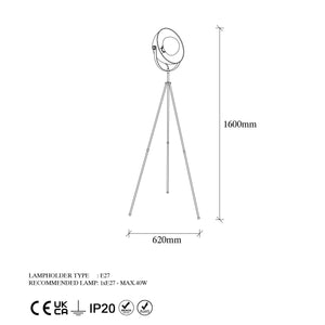 Industrial Tripod Floor Lamp with Metal Shade (160cm) - Karrari