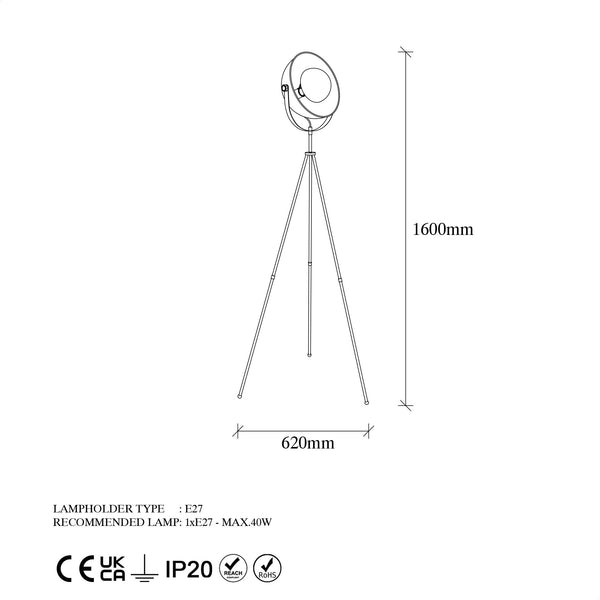 Industrial Tripod Floor Lamp with Metal Shade (160cm) - Karrari