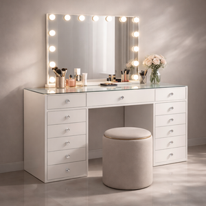 Hollywood Vanity Table with LED Mirror & Pouffe - Karrari