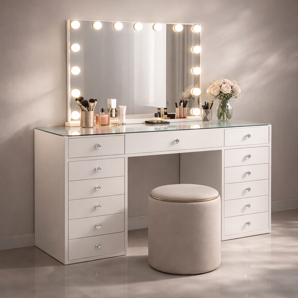 Hollywood Vanity Table with LED Mirror & Pouffe - Karrari