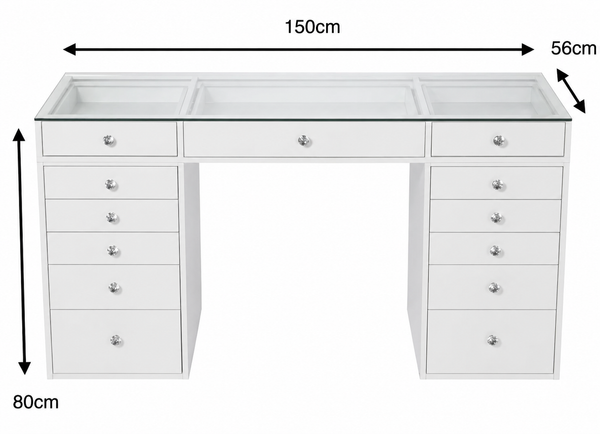 Luxury White Vanity Table with Glass Top & Drawers - Karrari