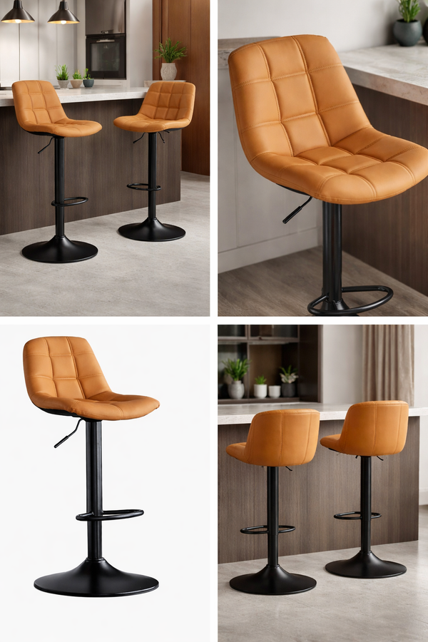 Adjustable Bar Stools – Brown & Black Metal Base(Set of 2) - Karrari