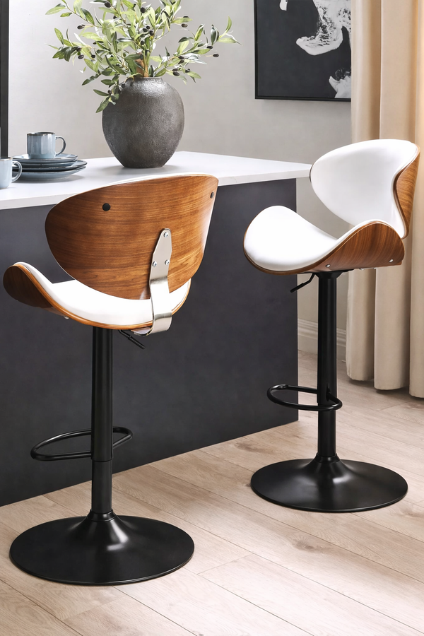 Modern Adjustable Bar Stools – White Faux Leather & Walnut Wood (Set of 2) - Karrari