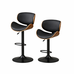 Modern Adjustable Bar Stools – Black Faux Leather & Walnut Wood (Set of 2) - Karrari