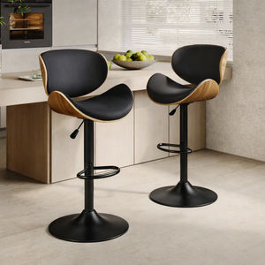 Modern Adjustable Bar Stools – Black Faux Leather & Walnut Wood (Set of 2) - Karrari