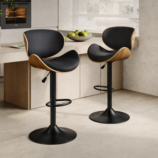 Modern Adjustable Bar Stools – Black Faux Leather & Walnut Wood (Set of 2) - Karrari