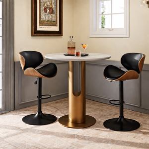 Modern Adjustable Bar Stools – Black Faux Leather & Walnut Wood (Set of 2) - Karrari