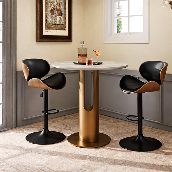 Modern Adjustable Bar Stools – Black Faux Leather & Walnut Wood (Set of 2) - Karrari