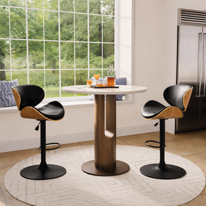 Modern Adjustable Bar Stools – Black Faux Leather & Walnut Wood (Set of 2) - Karrari