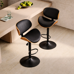Modern Adjustable Bar Stools – Black Faux Leather & Walnut Wood (Set of 2) - Karrari