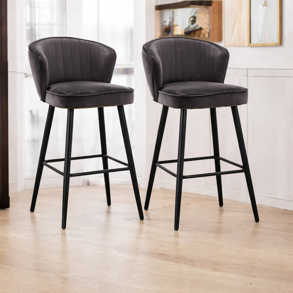 Velvet Bar Stool – Dark Grey Upholstered Chairs (Set of 2) - Karrari