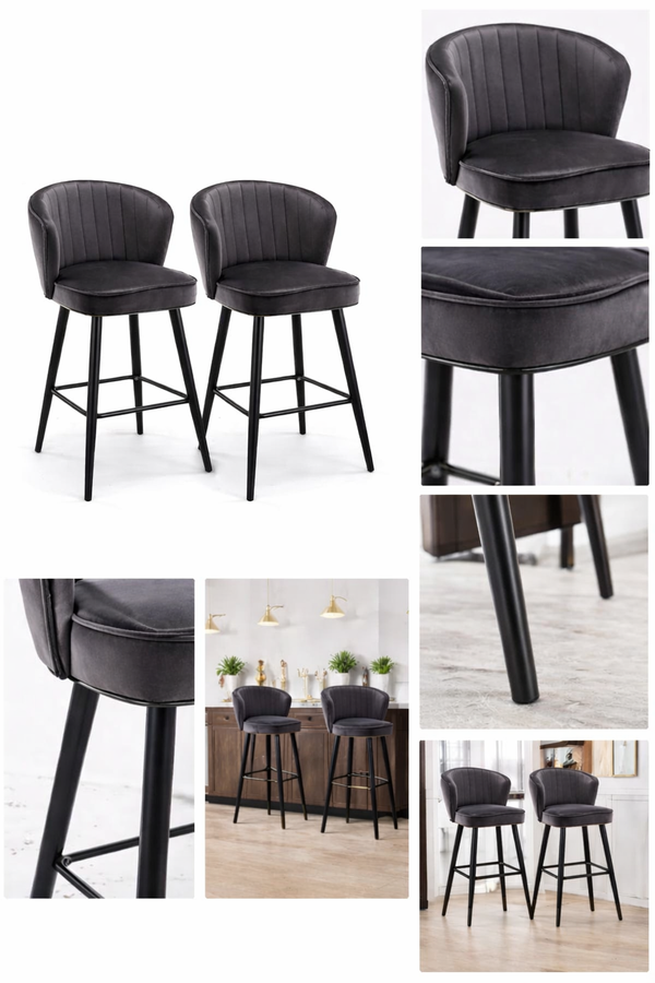Velvet Bar Stool – Dark Grey Upholstered Chairs (Set of 2) - Karrari