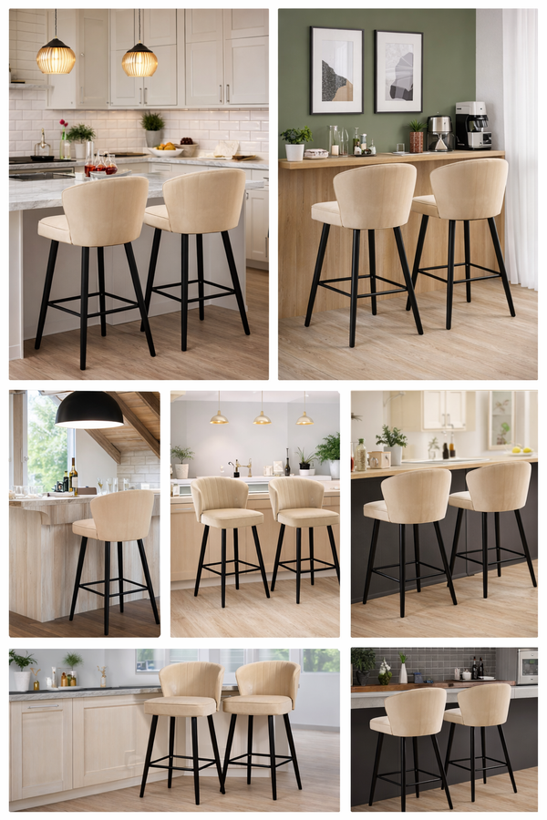 Beige Velvet Bar Stools with Black Legs(Set of 2) - Karrari