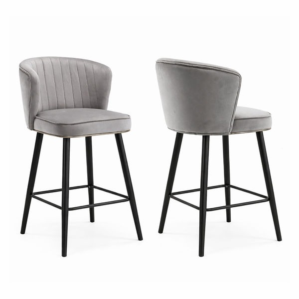 Velvet Bar Stools – Light Grey Upholstered (Set of 2) - Karrari