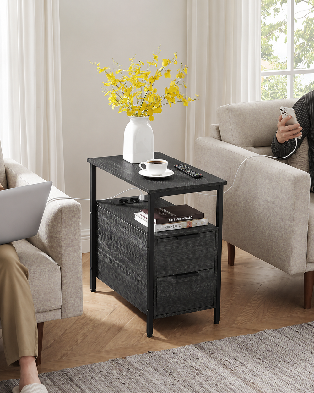 Side Table with Power Strip & Drawers - Karrari