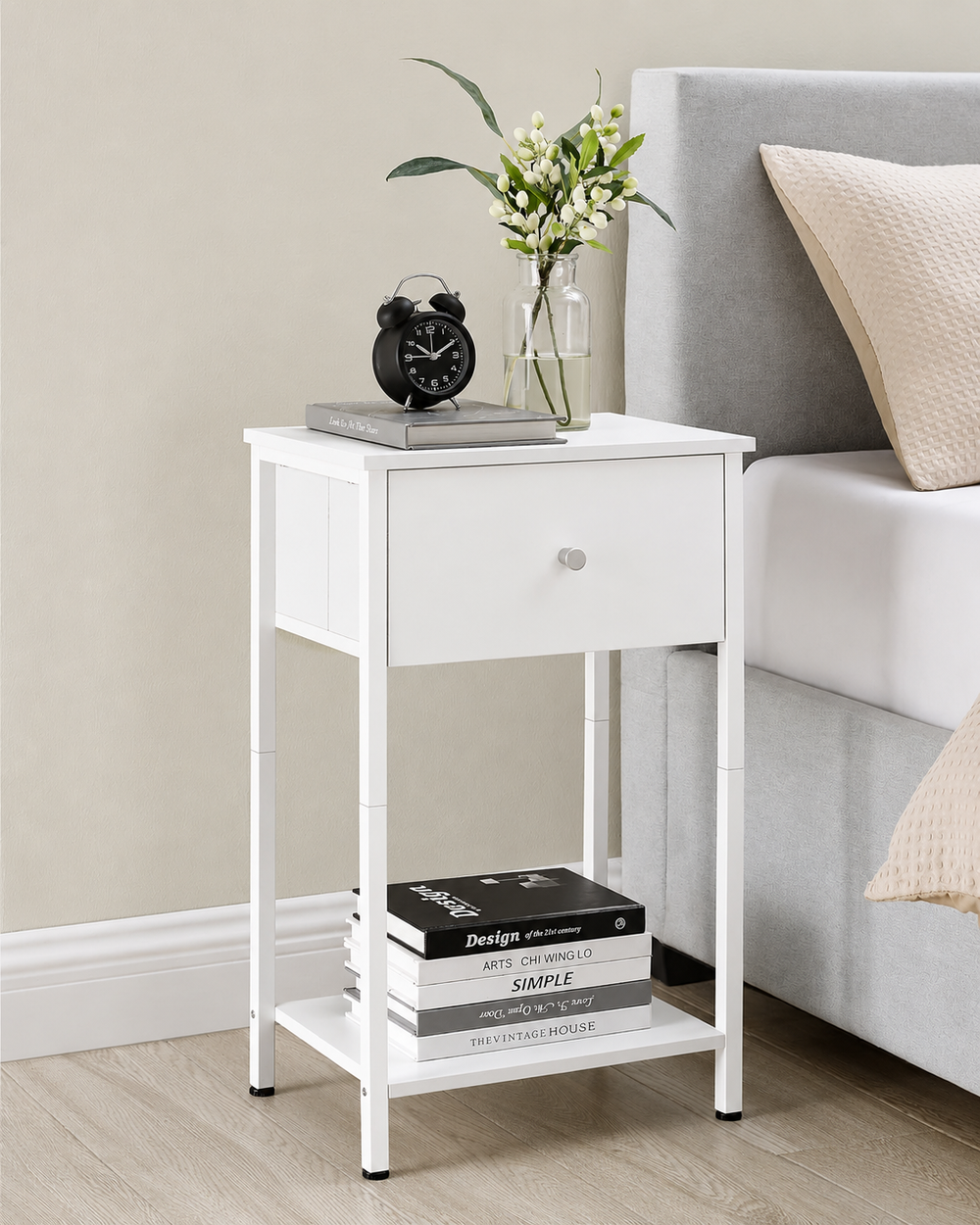 White Side Table with Fabric Drawer - Karrari