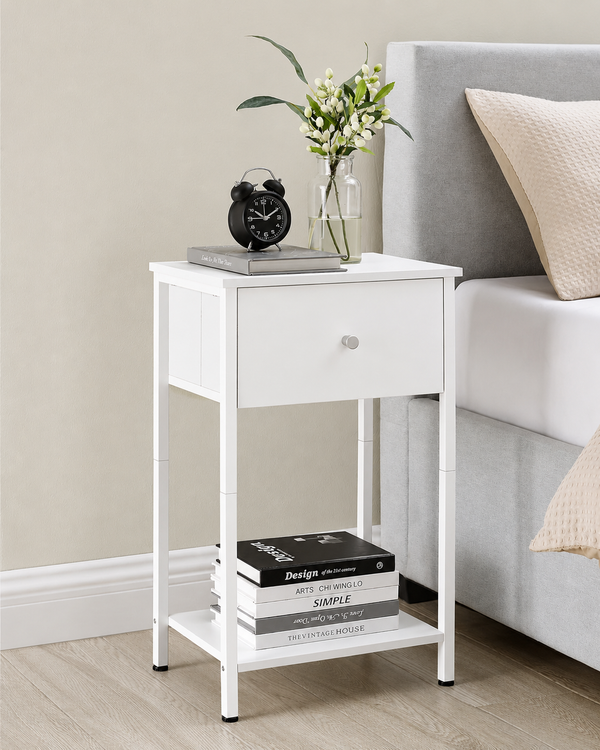 White Side Table with Fabric Drawer - Karrari