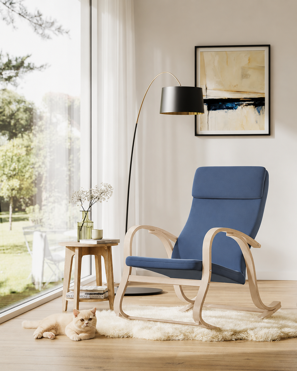 Rocking Chair with Birch Wood Frame - Midnight Blue - Karrari