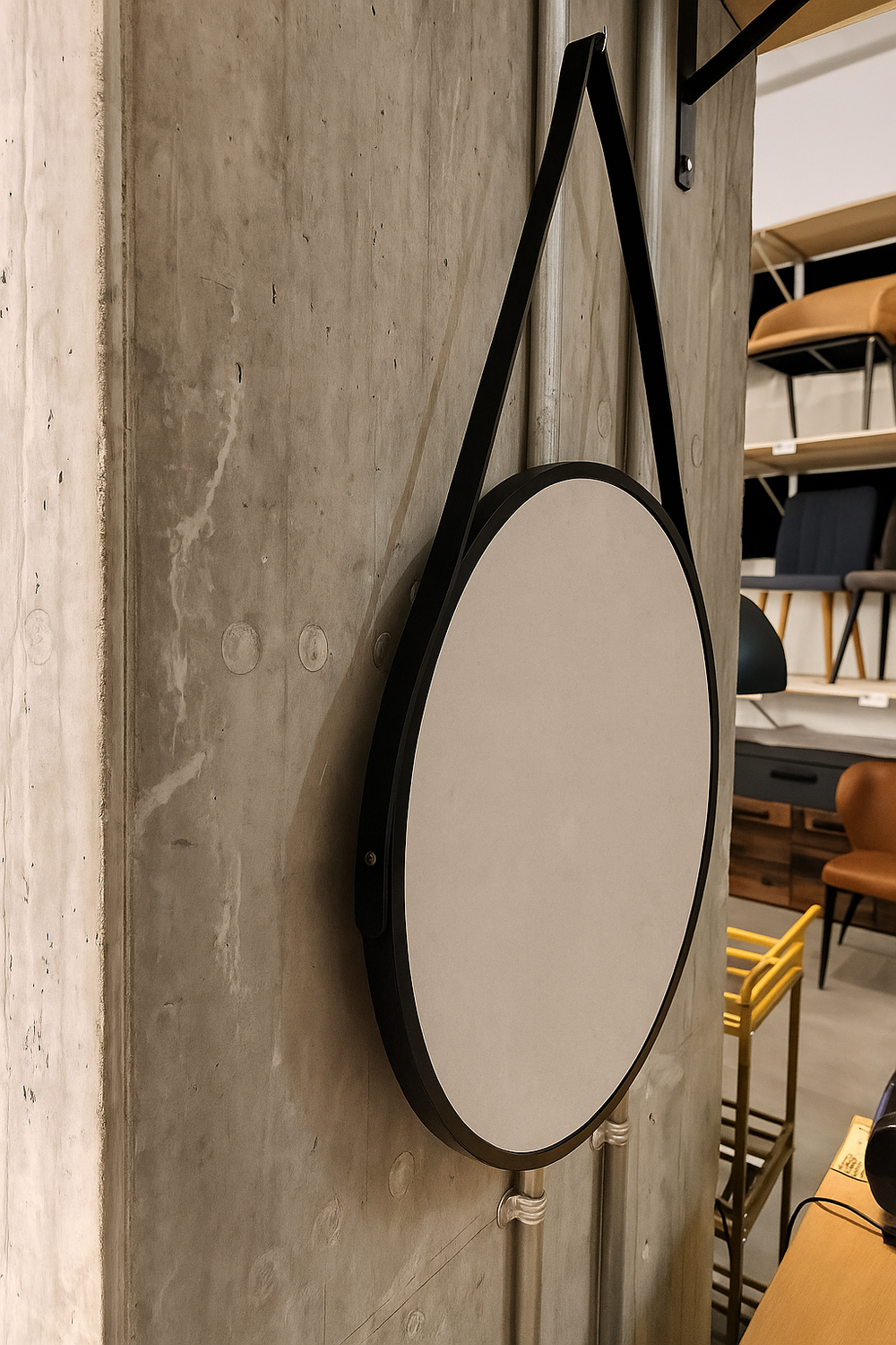 Round Wall Black Metal Mirror with Hanging Strap