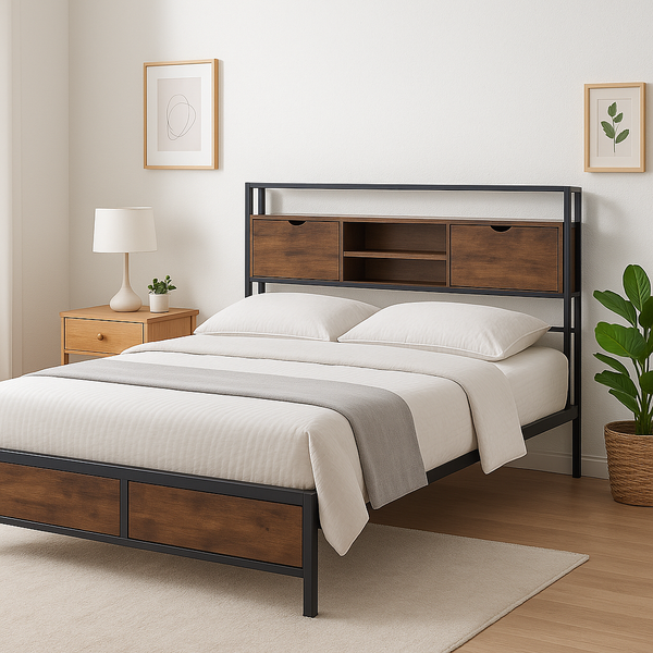 Industrial Metal & Wood Bed Frame - Storage Headboard - Karrari