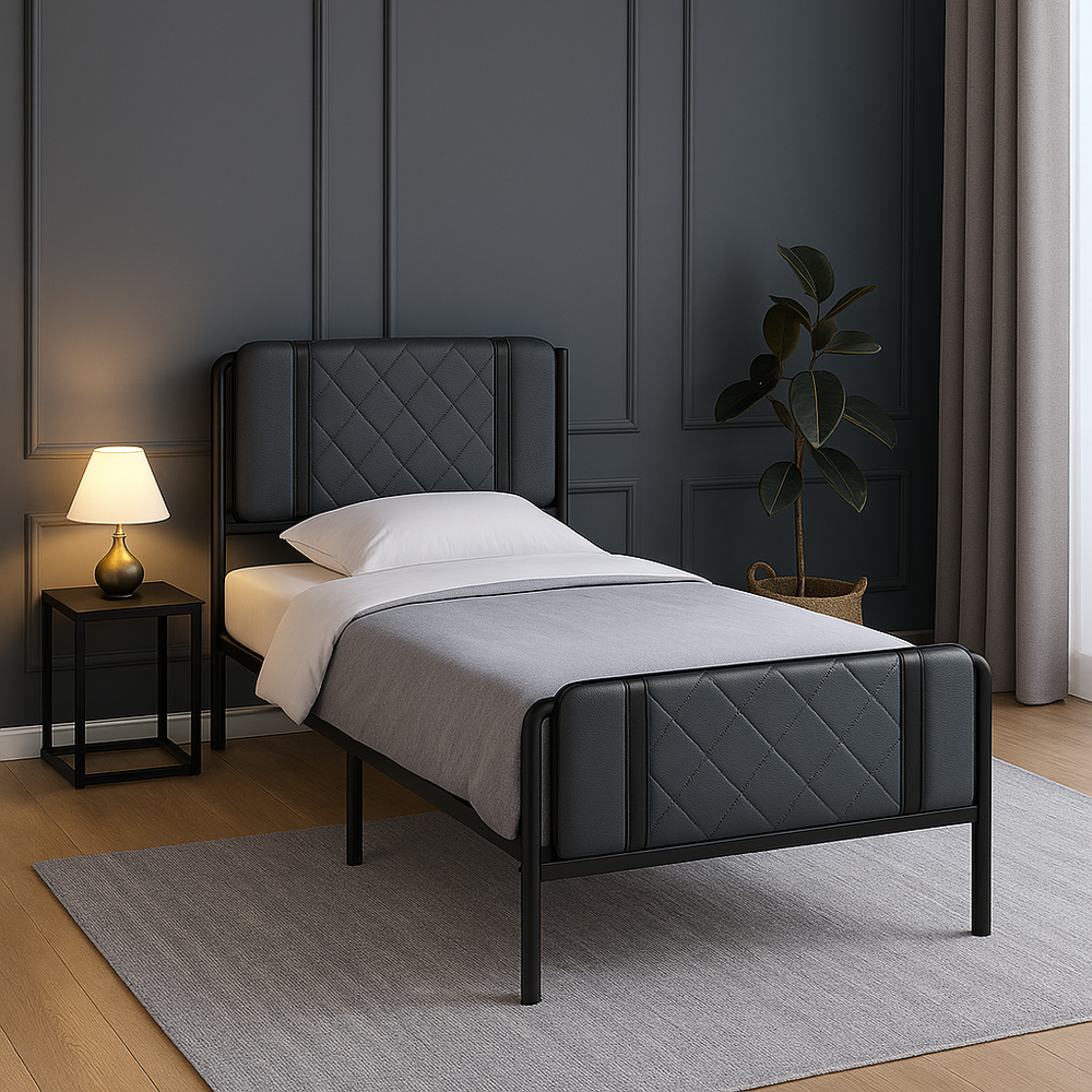 Black Double Bed Frame with Padded Diamond Headboard - Karrari