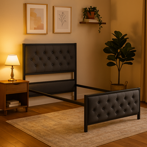 Single Metal Bed Frame with Button Tufted Headboard & Footboard - Karrari