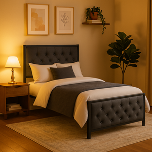 Double Metal Bed Frame with Button Tufted Headboard & Footboard - Karrari