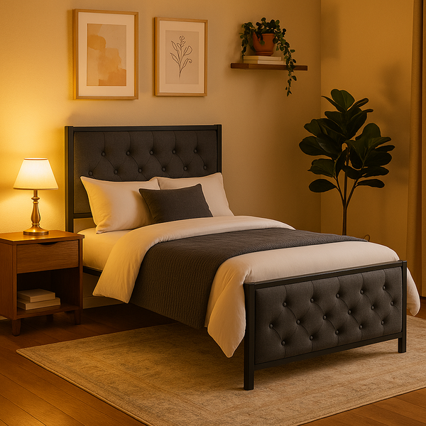 Double Metal Bed Frame with Button Tufted Headboard & Footboard - Karrari