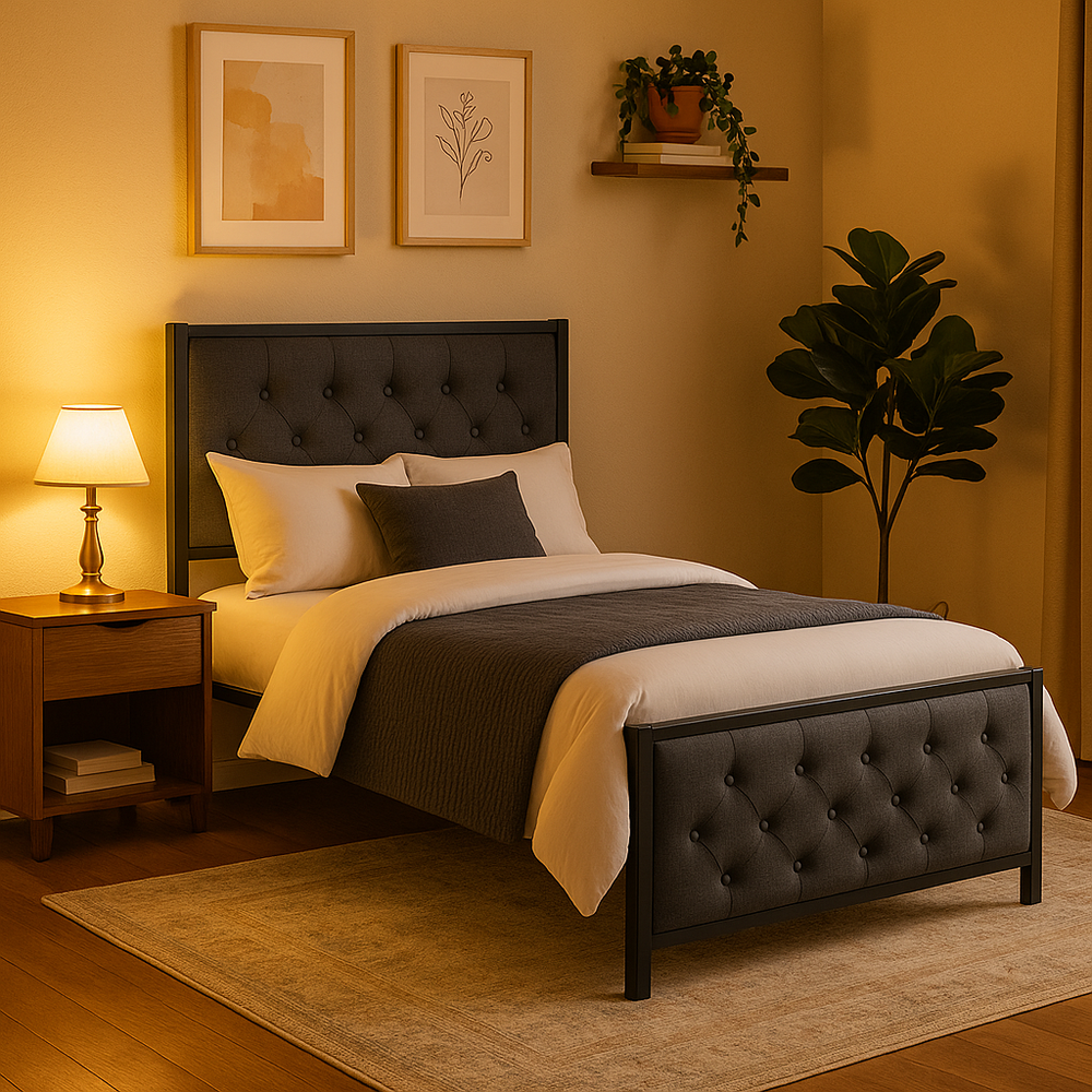 Single Metal Bed Frame with Button Tufted Headboard & Footboard - Karrari