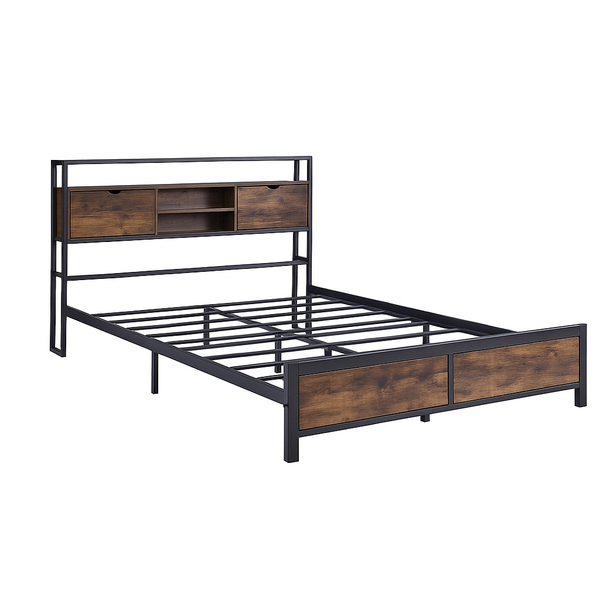 Industrial Metal & Wood Bed Frame - Storage Headboard - Karrari