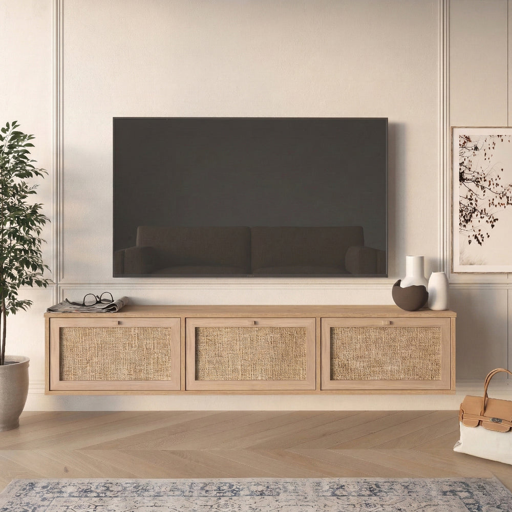 Wall Mounted Oak & Rattan Media Cabinet with 3 Doors