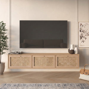 Wall Mounted Oak & Rattan Media Cabinet with 3 Doors