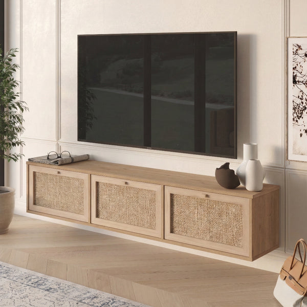 Wall Mounted Oak & Rattan Media Cabinet with 3 Doors